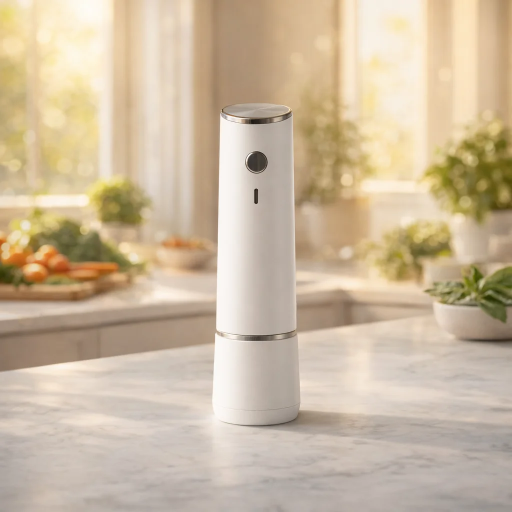 Frischly vakuumförseglare kök på marmorbänkskiva i modernt skandinaviskt kök