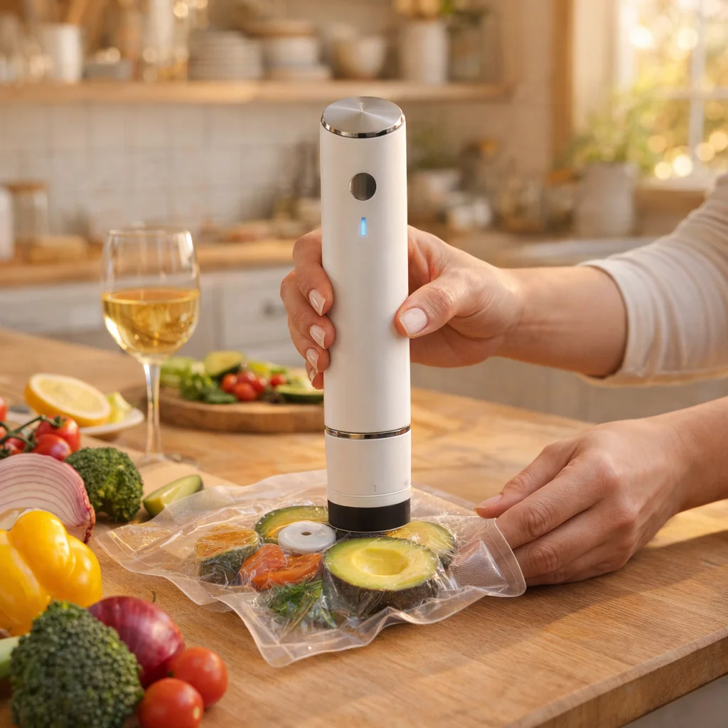 Frischly vakuumforseglare anvands i modernt skandinaviskt kok med farsk mat