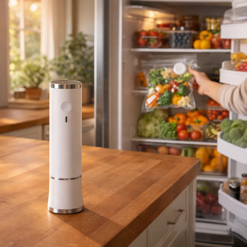 Frischly vakuumförseglare kök i användning vid kylskåp med färska grönsaker