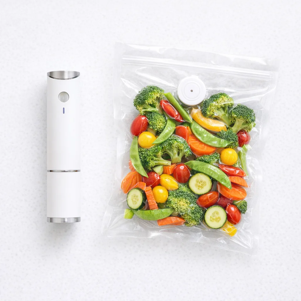 Lägg mat i vakuumpåsen - steg 1 med Frischly vakuumförseglare